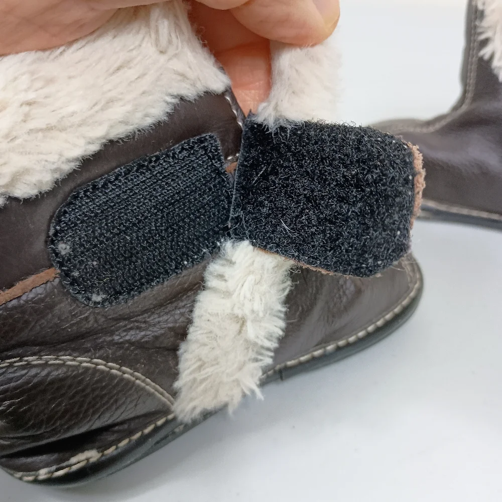 Jack Lilly Leather Moccasin Boots 18-24M Brown Sherpa Slip On Hook Loop Closure